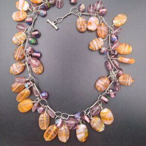 Sterling Silver Necklace with Purple and Orange Givre Glass beads